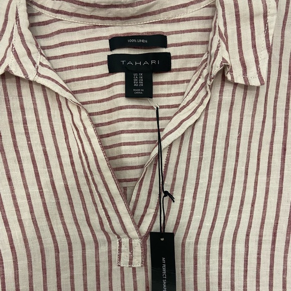 Tahari, Striped Linen Tunic with Collar and mother-of-pearl buttons, 1X - Picture 3 of 7